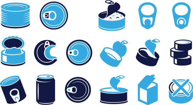 Collection of blue tin can icons and packaging symbols representing food and beverage containers.