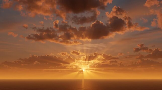 Sunrise over endless horizon with soft orange sky, cinematic clouds and light rays, creating a peaceful and inspirational mood.