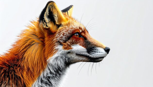 Profile view of a red fox with vibrant fur against a plain background