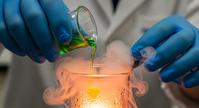 A person in blue gloves pouring green liquid into a glowing beaker producing white smoke during a chemical experiment.