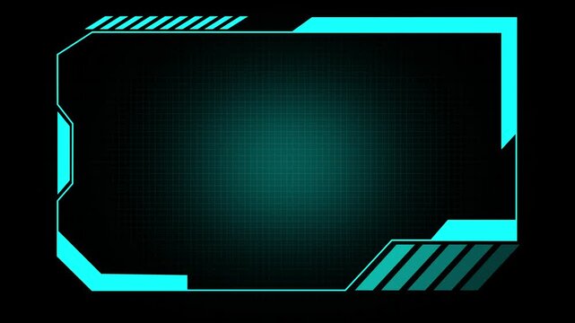 Neon frame animation with cyan digital grid. Neon frame futuristic technology interface. Neon frame abstract user interface graphic on black background.