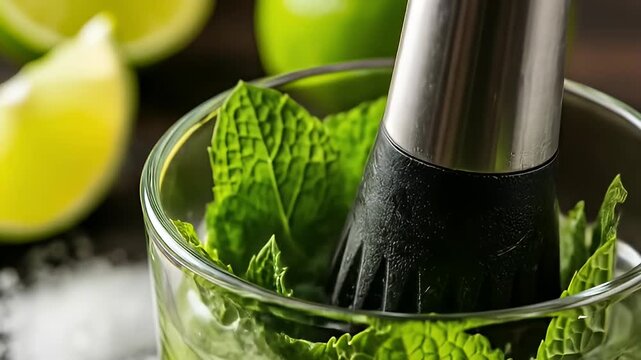Close-up of mint, limes and a metal muddler for cocktail preparation on a dark surface