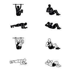 Obraz premium Black-and-white silhouette icons of core workouts including leg raises, planks, sit-ups, and crunches