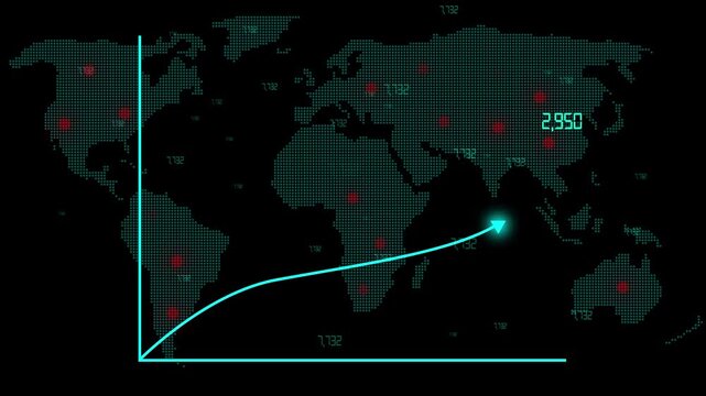 World map animation with digital growth curve. World map global statistical data. World map technology connectivity graphic on black background.