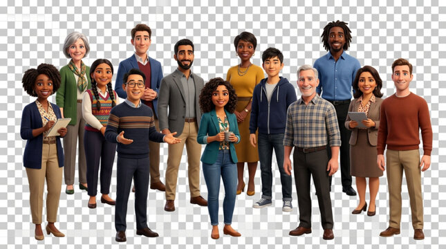 Diverse group of 3D cartoon psychologists and counselors standing together in office
