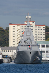 Japan Maritime Self-Defense Force (JMSDF) JS Kumano (FFM-2), Mogami-class frigate departing from Yokosuka Port, Japan. © zapper