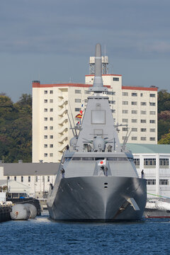 Japan Maritime Self-Defense Force (JMSDF) JS Kumano (FFM-2), Mogami-class frigate departing from Yokosuka Port, Japan.