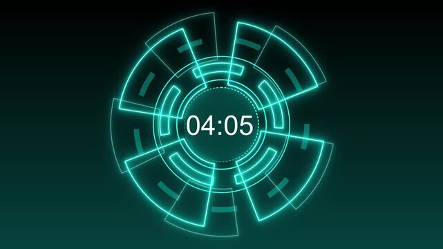 Countdown timer animation with blue circular hud. Countdown timer futuristic technology. Countdown timer digital interface graphic on black background.