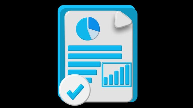 Document icon animation with 3d data charts. Document icon business report and graph. Document icon digital finance graphic on white background.