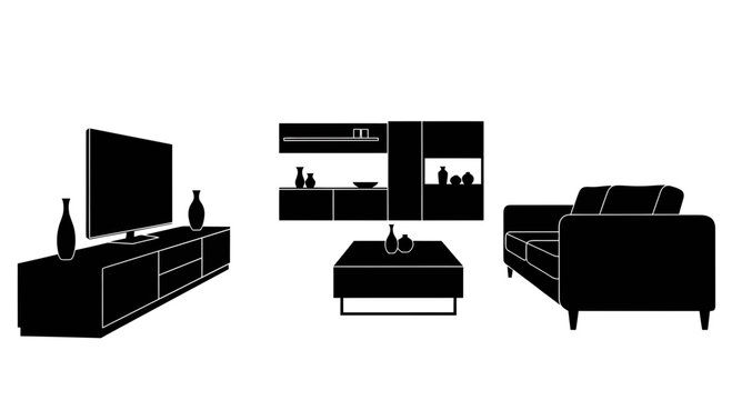 Modern living room furniture silhouette set with sofa and TV stand