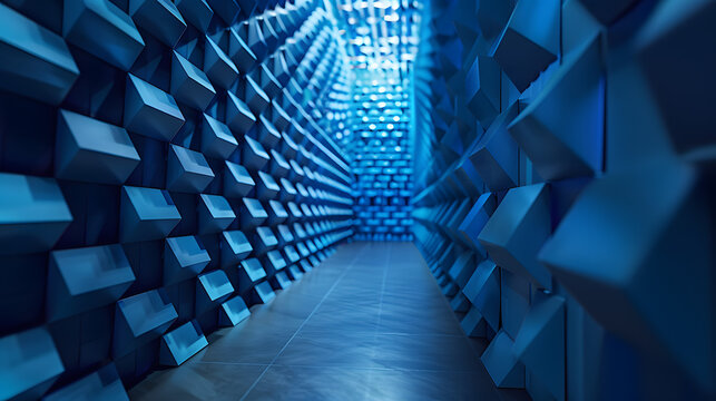 Modern 5G router being tested inside a geometric foam anechoic chamber.