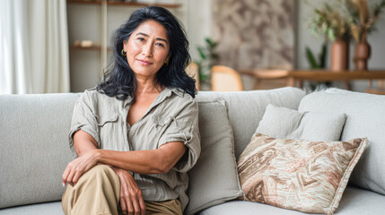 Obraz premium A calm woman with long dark hair sits comfortably on a beige sofa in a cozy, stylish living room.