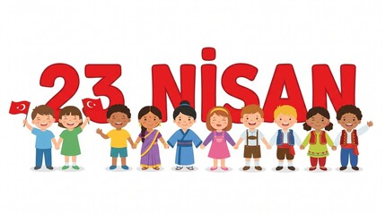 Fototapeta premium 23 Nisan National Sovereignty and Children’s Day celebration in Turkey with multicultural kids illustration