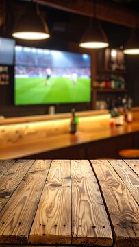 A blurry bar interior with a wooden table and TV