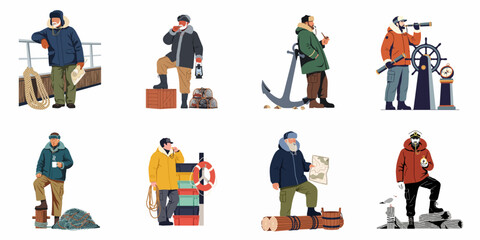 Collection of Eight Vector Illustrations Featuring Sea Captains and Sailors in Winter Gear with Various Maritime Equipment and Nautical Elements on White Background. © Slamet