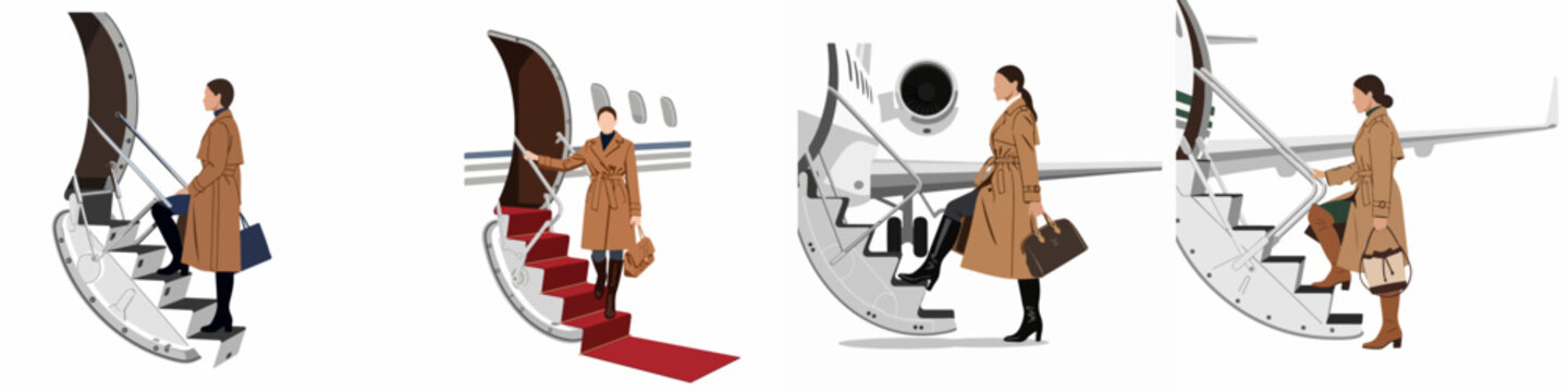 Four vector illustrations of a sophisticated woman wearing a trench coat boarding a private jet, depicting luxury air travel and business executive lifestyle.