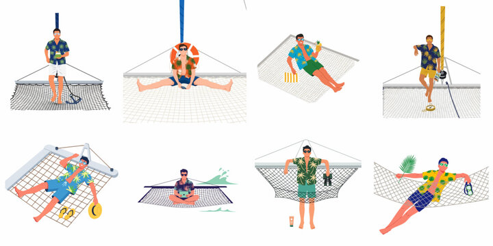 Set of flat vector illustrations featuring a man enjoying various leisure activities on a catamaran net during a tropical summer sailing vacation.