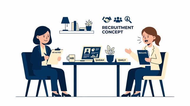 Two businesswomen discuss recruitment at a desk with laptops and papers