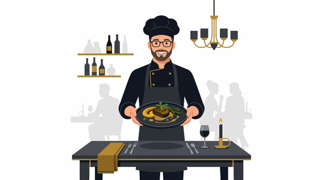 Chef prepares food on table in restaurant kitchen with chandelier