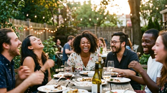 황금 시간대 웃고 있는 친구들의 극사실적 스냅 사진 목업 (Candid Snapshot of Diverse Friends Laughing at Backyard Dinner)