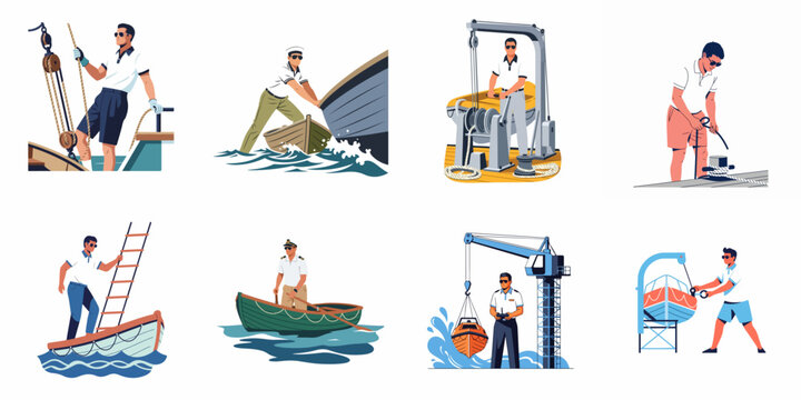 Collection of nautical character illustrations showing a sailor performing various deck tasks and maritime activities on ships and boats.