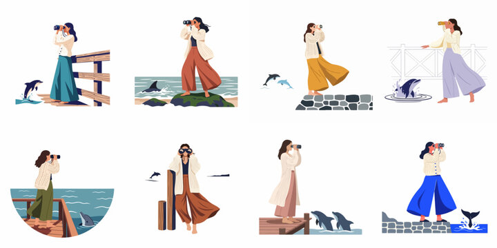 Set of flat vector illustrations depicting a young woman observing dolphins, whales, and sharks in the ocean using binoculars from various coastal locations.