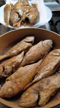 Video of Wild sea fish frying in a pan in a kitchen in Greece