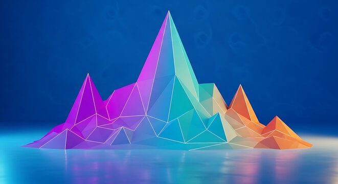 Modern 3D Abstract Low Poly Mountain Range with Vibrant Gradient Colors and Geometric Facets on a Reflective Surface Creative Minimalist Landscape Background