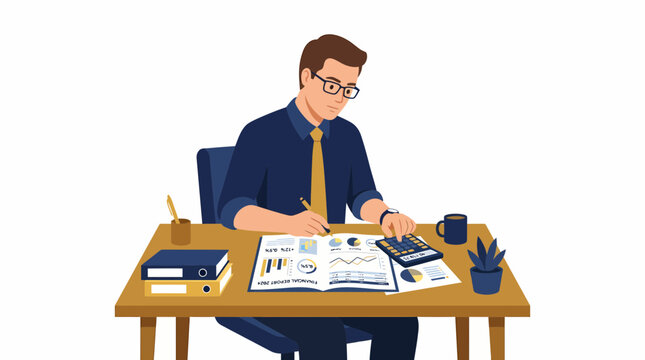 Businessman working on documents at office desk with papers and computer