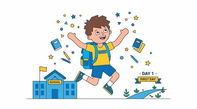 A joyful boy jumps excitedly near a school building on his first day of school with books and stars around him.
