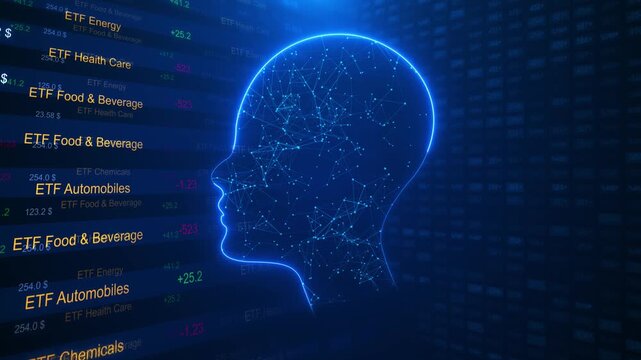 Digital finance AI head blue network profile, stock market data, ETF text, glowing analytics background. trading videos, fintech promos, investment explainers, data science, and business overlays.