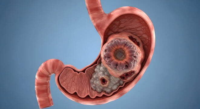 Gastric Cancer Tumor and Ulcer in Stomach Cross-Section Medical 3D Illustration

