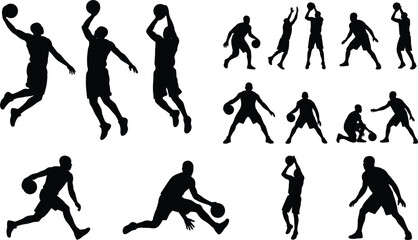 Large collection of basketball player silhouettes featuring athletes jumping dunking dribbling and shooting in various dynamic action poses © Md
