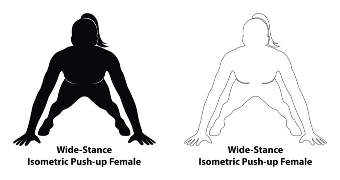 Female athlete performing wide stance isometric push up exercise silhouette and white outline vector illustration for fitness and strength training