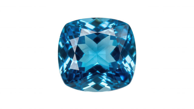 A cushion cut sky blue topaz gemstone with faceted surfaces isolated on a solid black background, showcasing internal light reflections