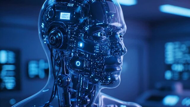 Futuristic robot head with intricate circuitry and glowing blue lights in a dimly lit laboratory