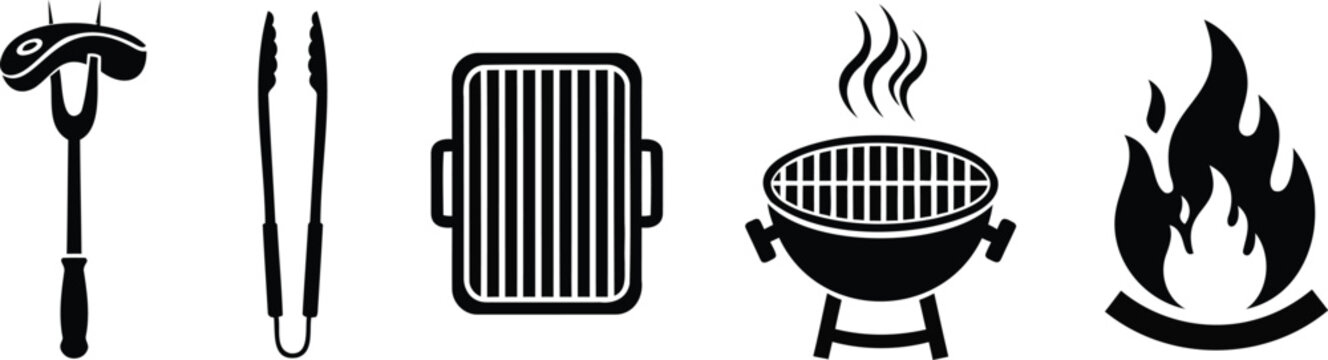 Barbecue tools set with grill tongs fire and fork silhouette illustration vector line art.