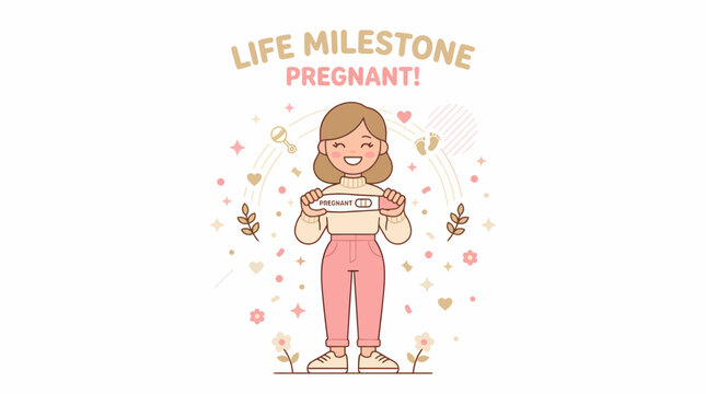 A pregnant woman excitedly holds a positive pregnancy test surrounded by festive flowers and hearts.