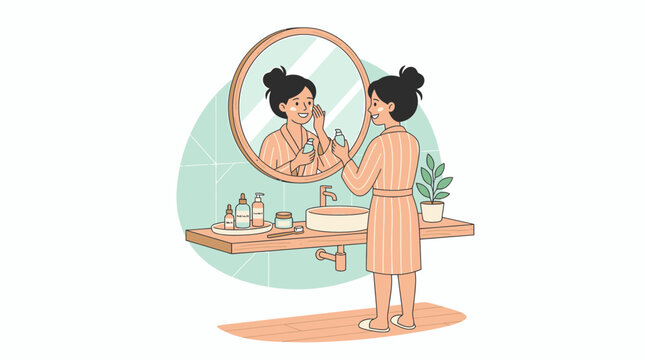 Woman standing in front of a bathroom mirror applies skincare products to her face during her morning hygiene routine.