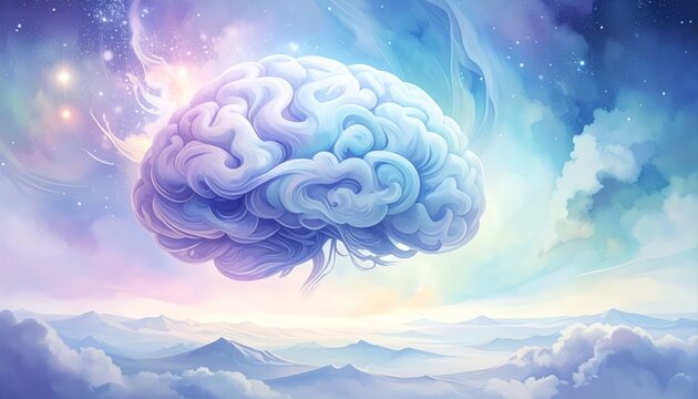 A glowing, ethereal brain floats above a dreamy, pastel-hued sky with celestial elements