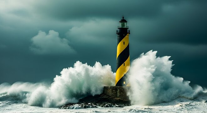 Dramatic lighthouse standing against powerful ocean waves during a severe storm.