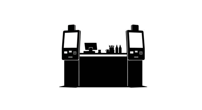 Modern self service ordering kiosk and counter silhouette vector