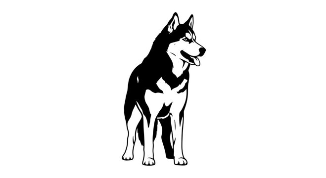 Black and White Standing Husky Dog Illustration Vector Art