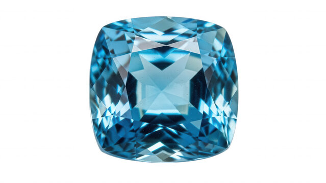 A cushion-cut blue topaz gemstone with multifaceted surface, isolated on a solid black background, showing light refraction and transparency