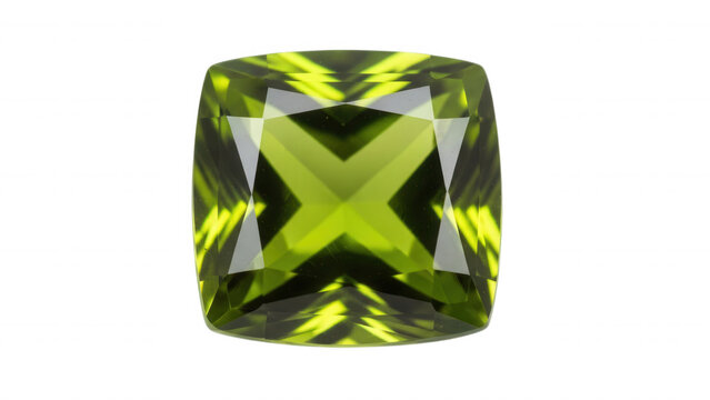 A cushion-cut peridot gemstone with a vibrant lime-green color and geometric facets, isolated against a solid black background