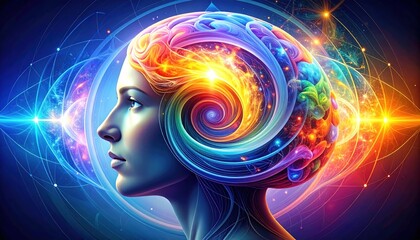 Obraz premium A woman's profile with a brain radiating swirling, colorful cosmic energy
