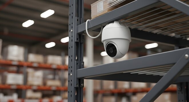Modern dome security camera installed on warehouse storage rack.