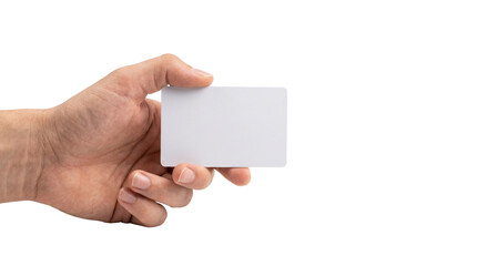 Obraz premium Blank white business card held by male hand, professional plastic credit card mockup, person holding empty identity card for branding isolated PNG with Transparent Background