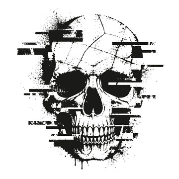 Glitchy Skull Design with Distressed Black and White Effect
