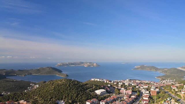 Aerial view of Kas cityscape and Mediterranean coastline in Turkey